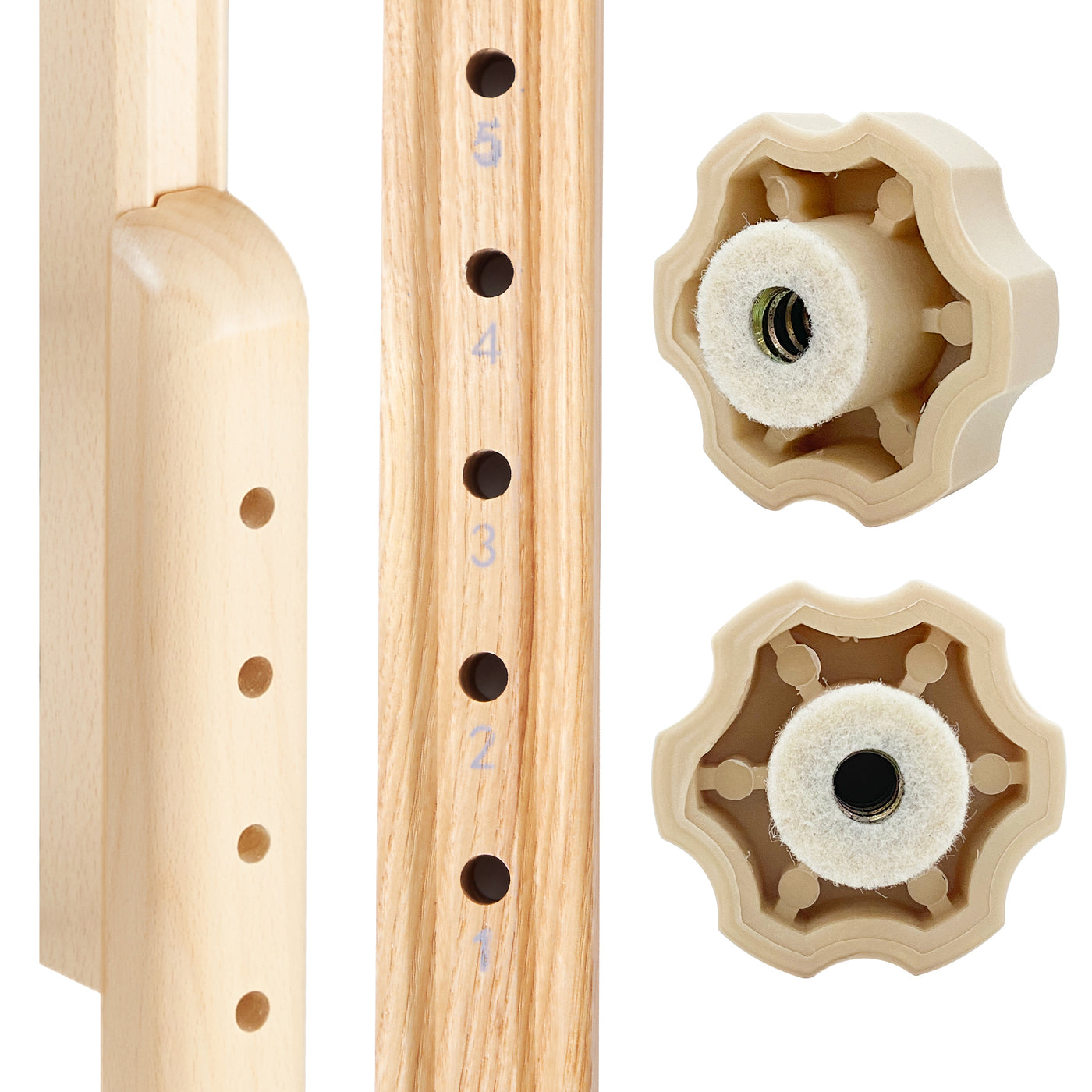 Master Massage CORONADO table features a wooden adjustable pole with numbered holes and beige knobs.