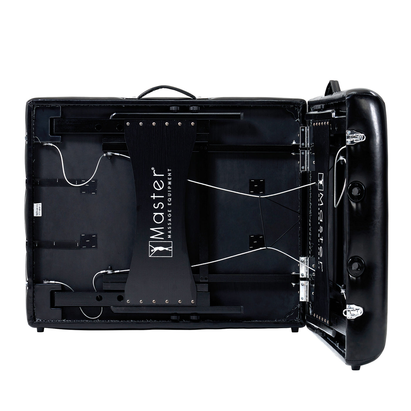 Overhead view of a Master Massage GALAXY Therma-Top Table with cables and metal frame visible.