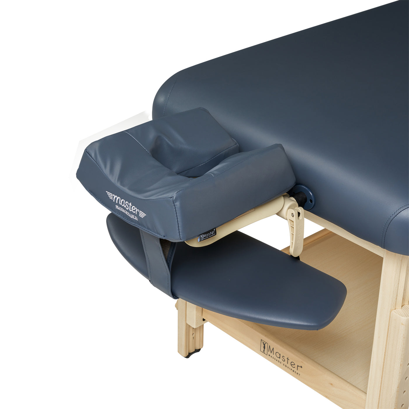 Master Massage LAGUNA table with blue padded face cradle and storage shelf underneath.