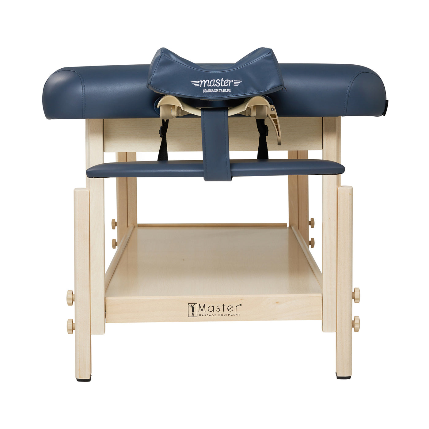 Master Massage LAGUNA Stationary Table with wooden frame and face cradle, foot-end view.