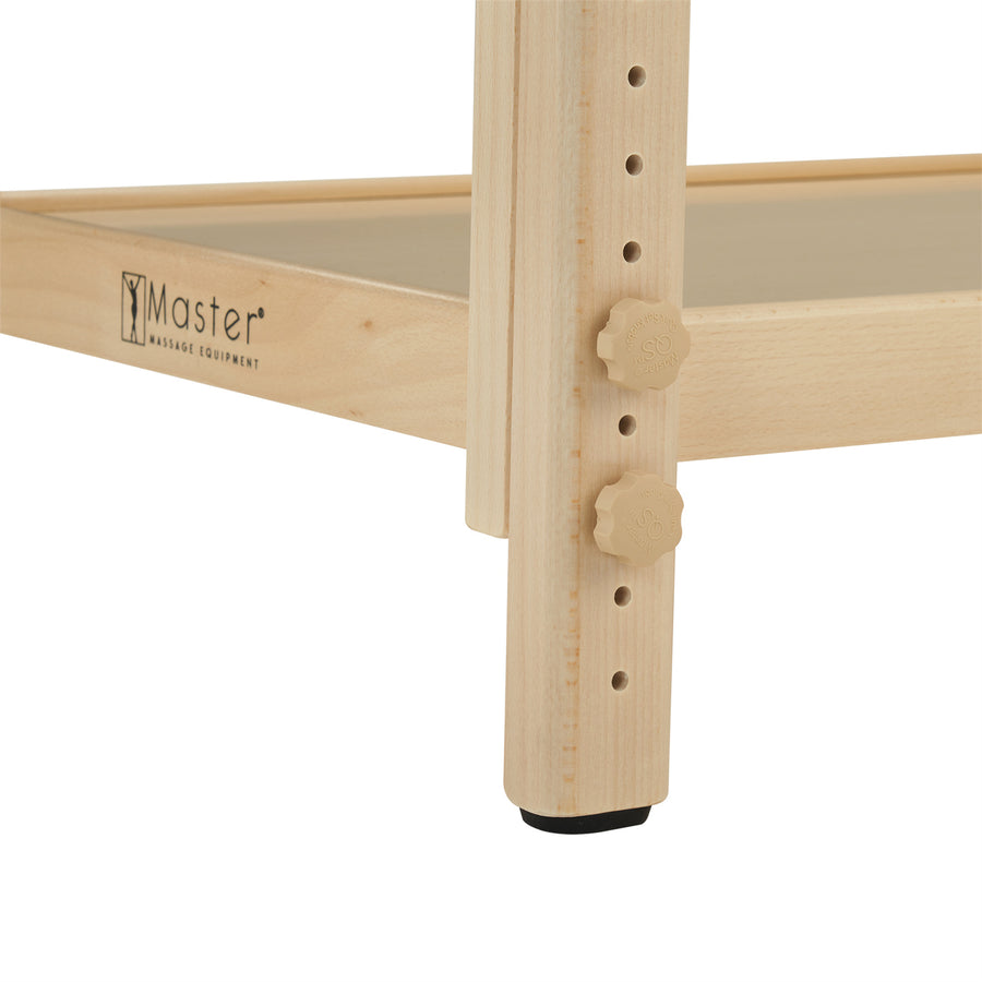 Close-up of adjustable wooden leg on the Master Massage LAGUNA Stationary Massage Table.