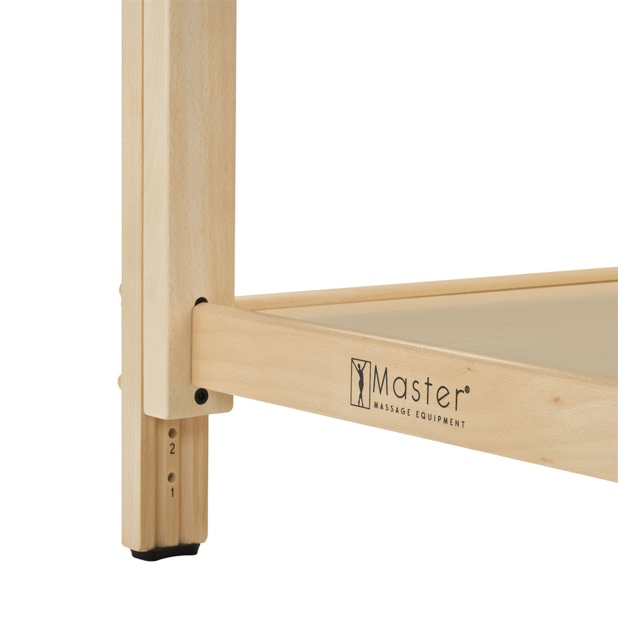 Close-up of Master Massage LAGUNA Stationary Table leg with adjustable height and logo.