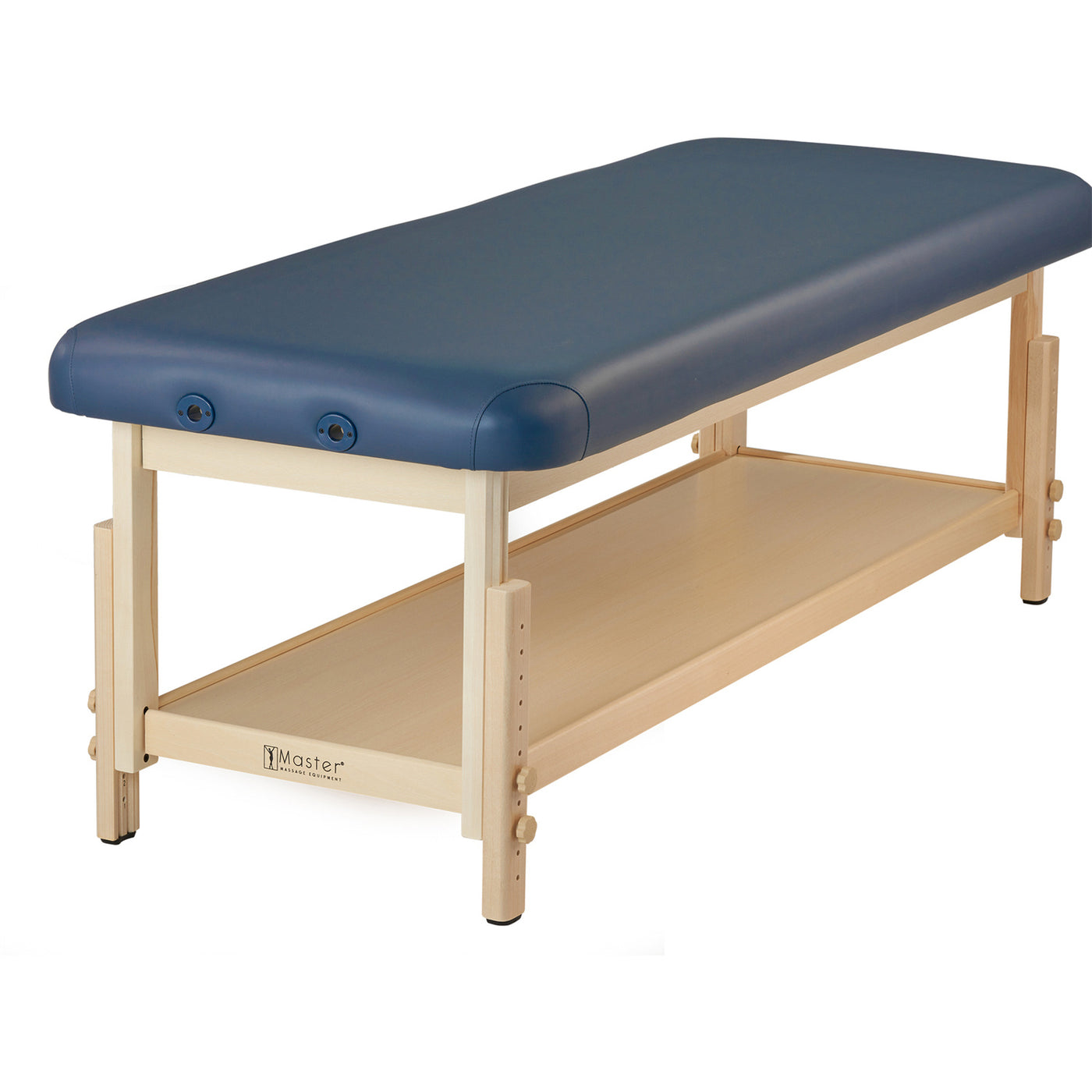 Master Massage LAGUNA Table: blue cushion, wood frame, lower shelf, professional-grade.