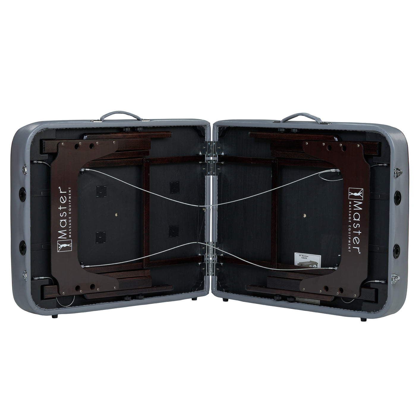 The Master Massage MONTOUR Massage Table Package is open, showing its memory foam upholstery.