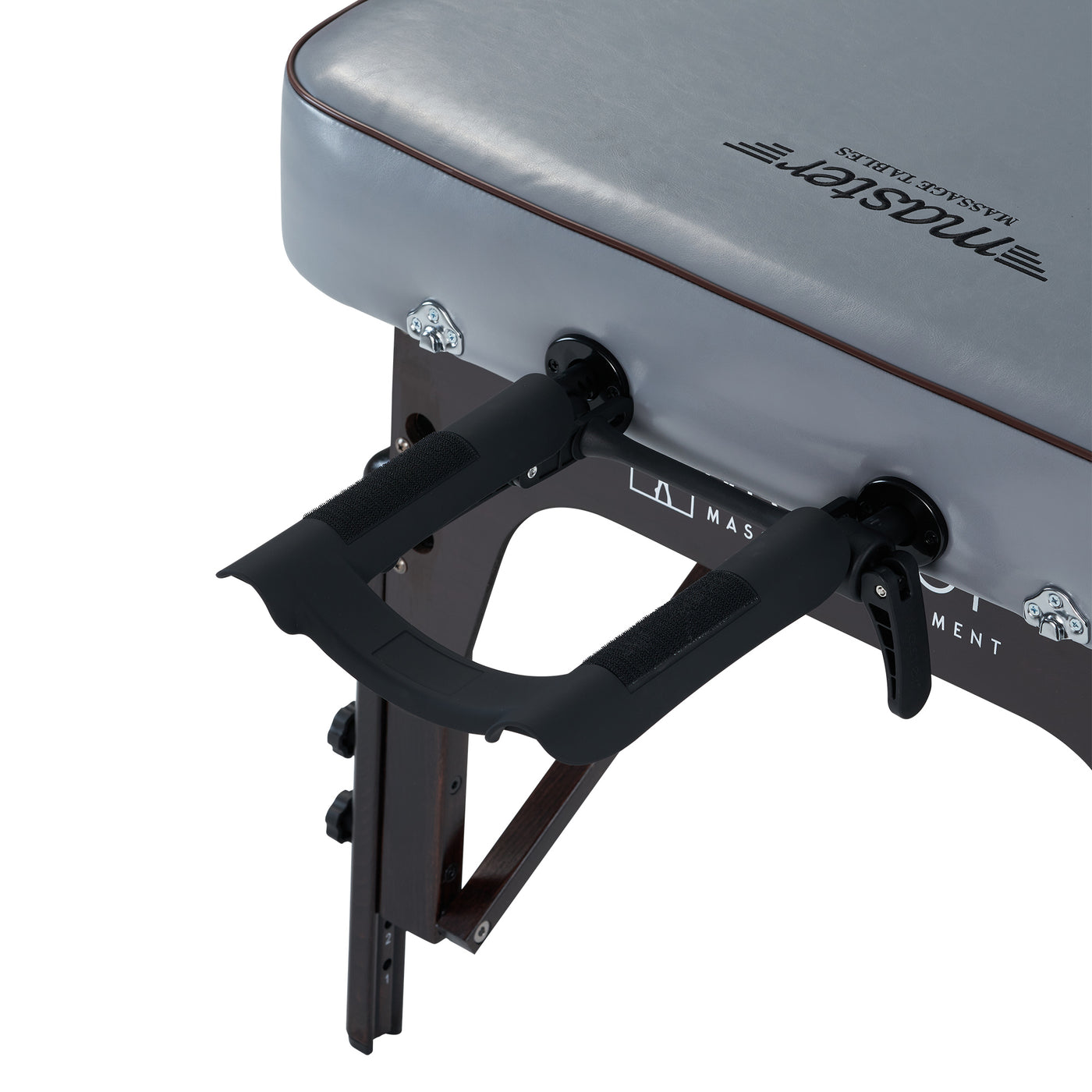 Close-up of Master Massage MONTOUR Table corner with attached black armrest support.