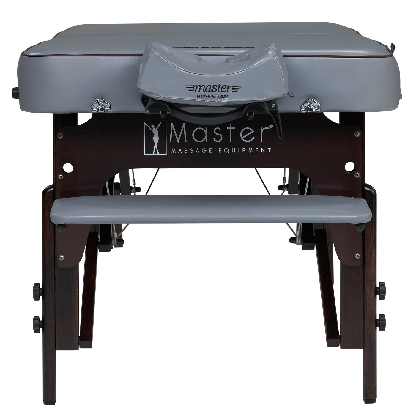 Gray Master Massage MONTOUR table with memory foam upholstery and face cradle included.