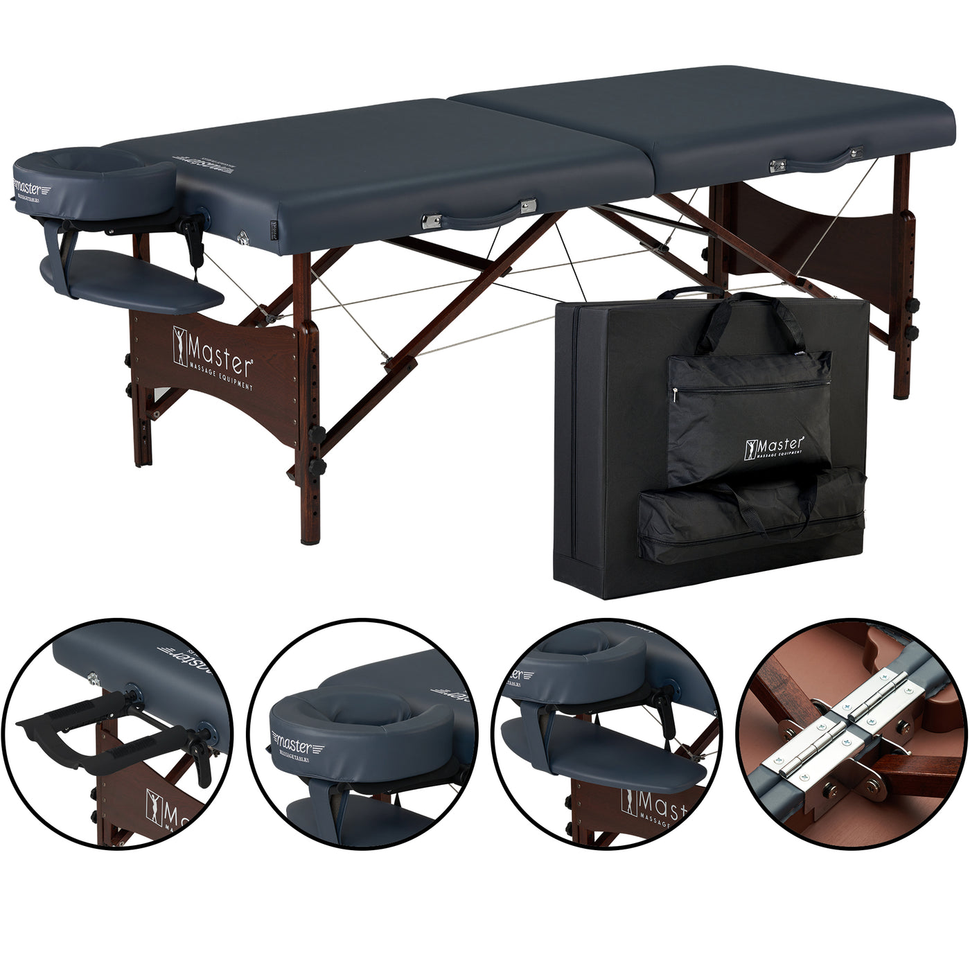Master Massage NEWPORT Portable Massage Table with face cradle, case & detailed images.