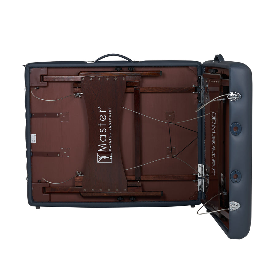 The Master Massage NEWPORT table opens to show its wooden frame, cables, and adjustable face cradle.