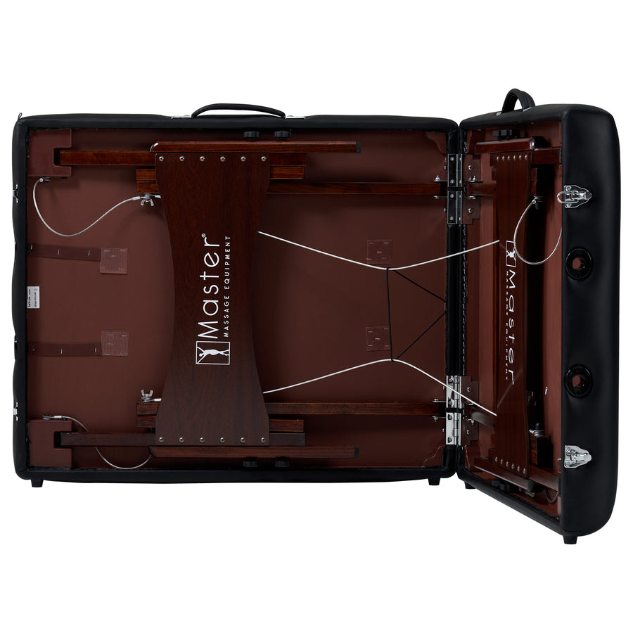 Underside view of Master Massage NEWPORT Portable Massage Table—black with wood, hinges, supports.