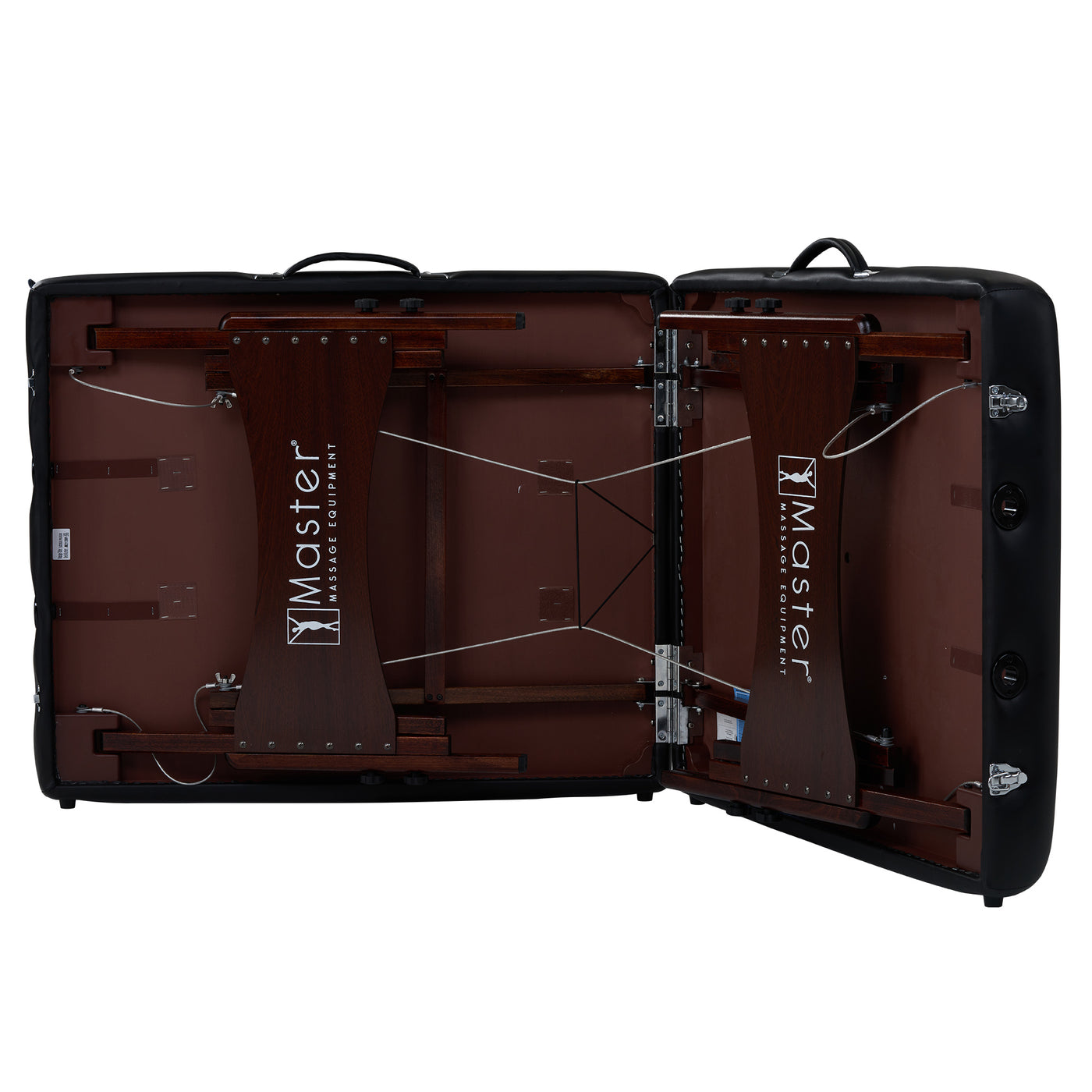 Master Massage Roma II Portable Massage Table with wood frame, support cables, and logo visible.
