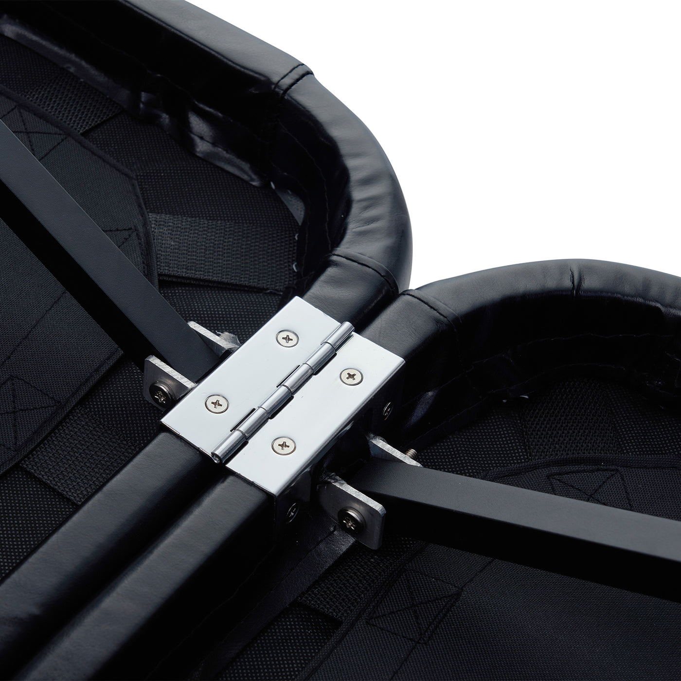 Close-up of a metal hinge on the Master Massage STRATOMASTER AIR table with black NanoSkin.