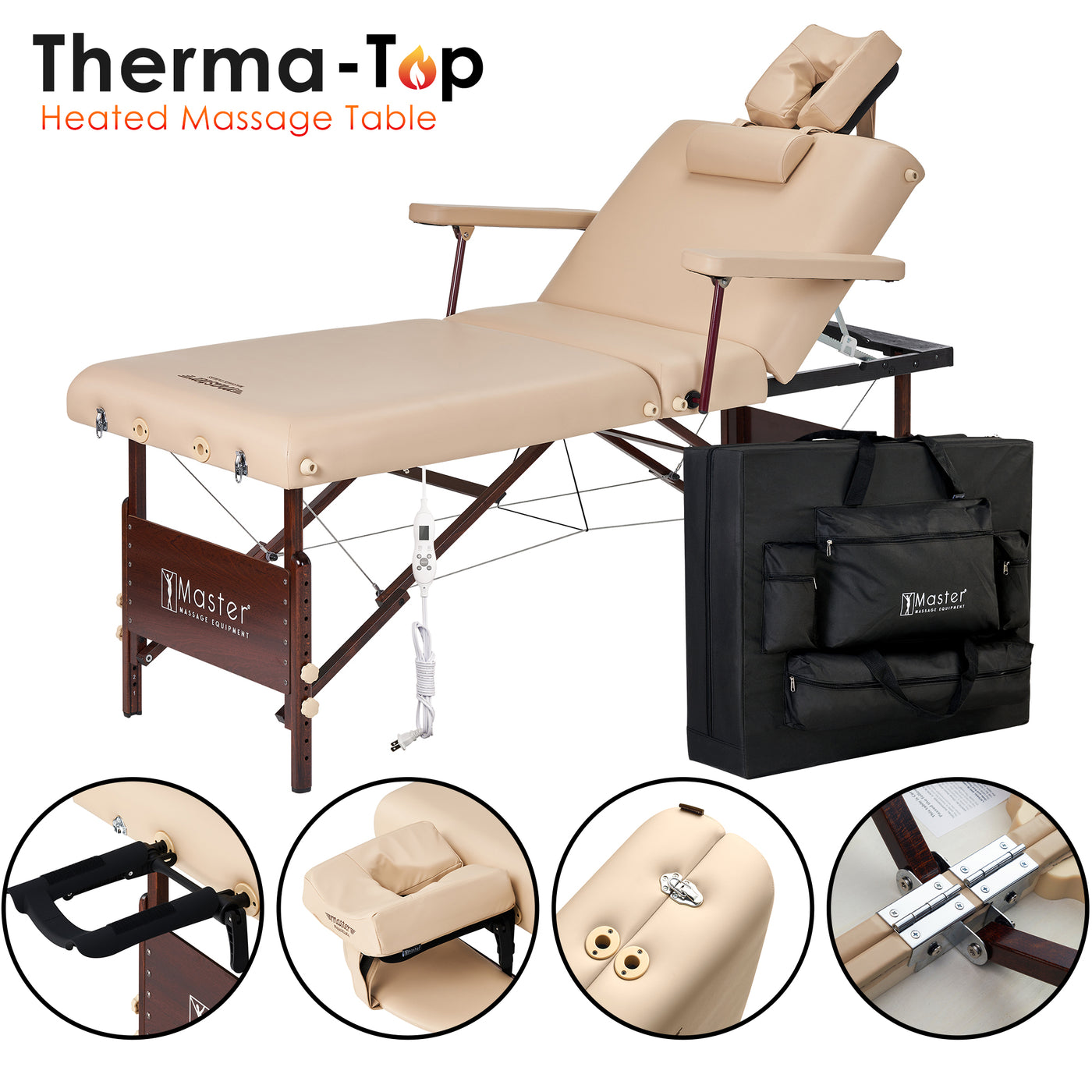 Master Massage DEL RAY SALON Therma Top portable table with carry case and detail views.