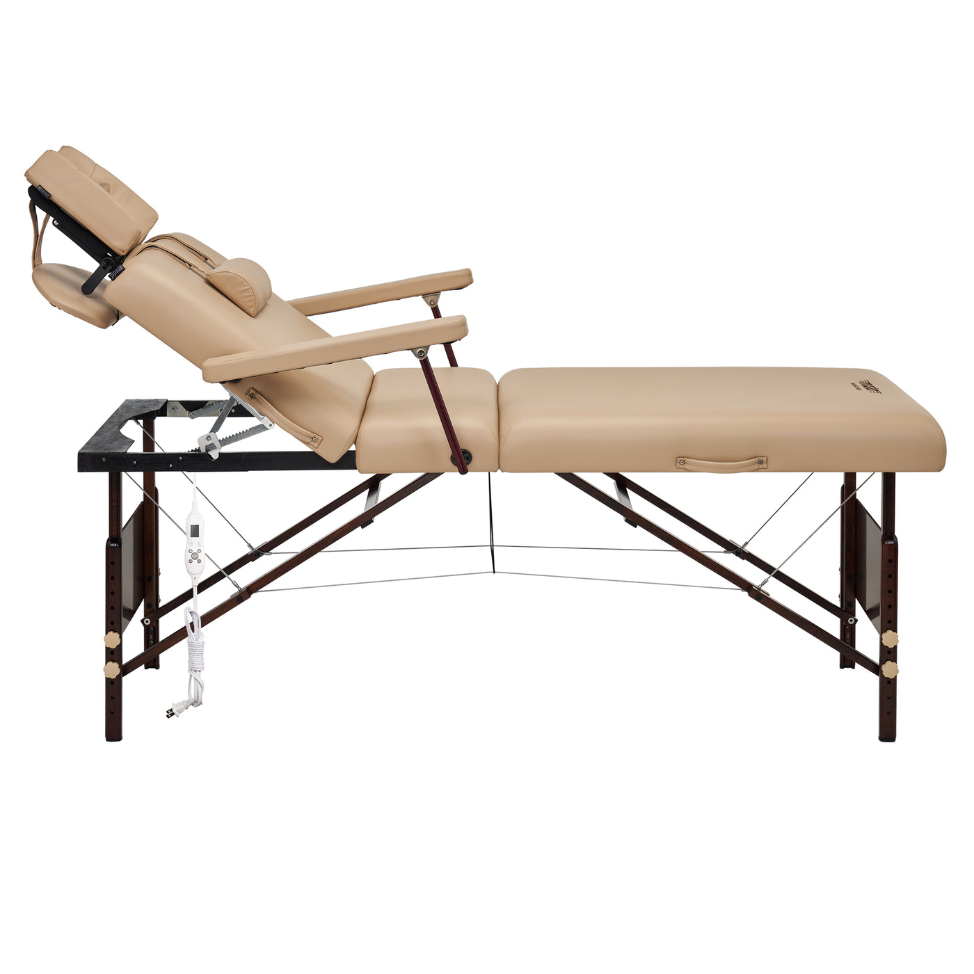 Master Massage DEL RAY SALON Therma Top portable table with cradle, armrests, wood frame—side view.