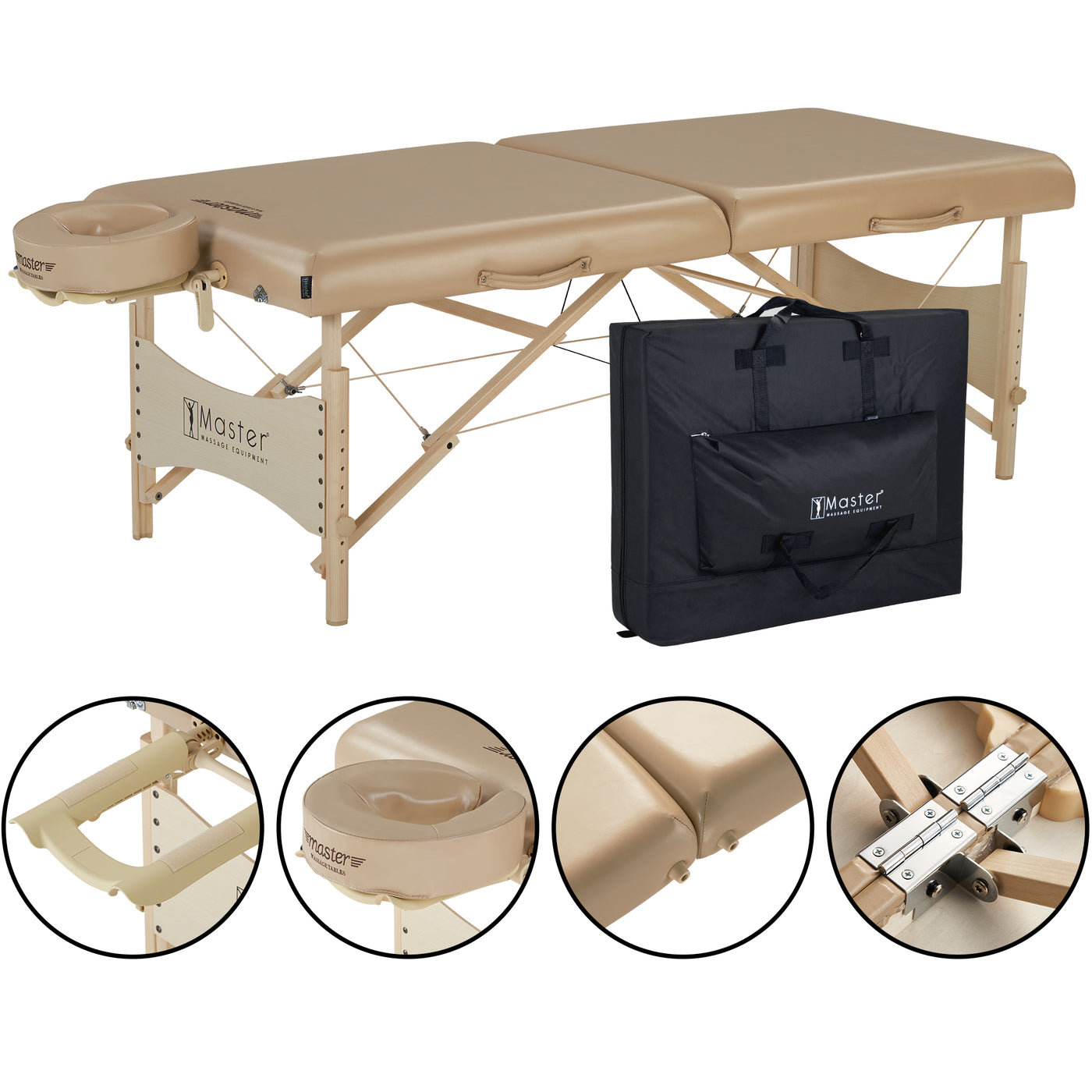 Master Massage BALBOA portable table with face cradle, carry case & detailed close-up views.
