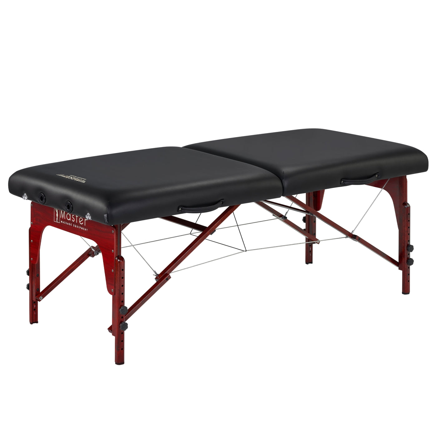 Master Massage MONTCLAIR portable table with red wood legs, face cradle, and adjustable height.
