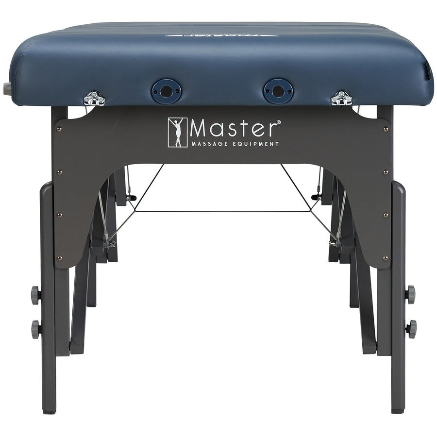 Front view of the blue Master Massage Montclair Pro LX table with black legs and logo.