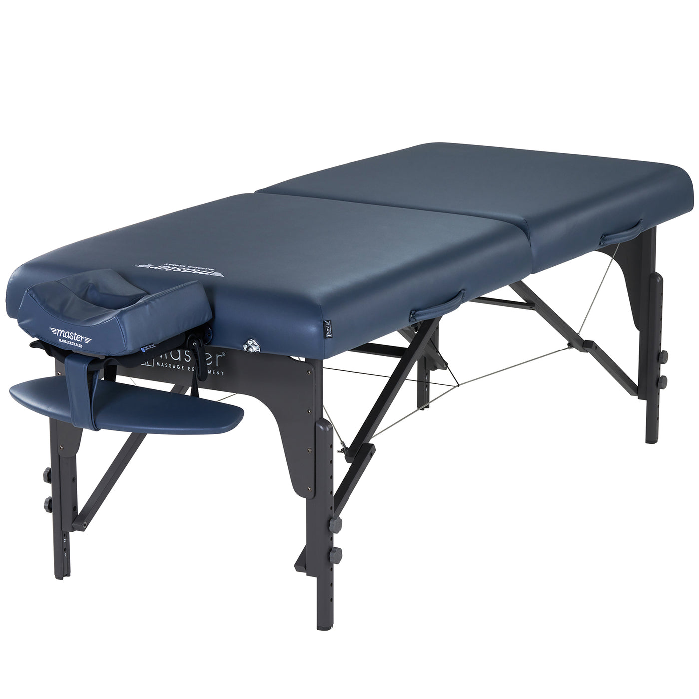 Master Massage Montclair Pro LX is a portable table with blue memory foam and black foldable legs.