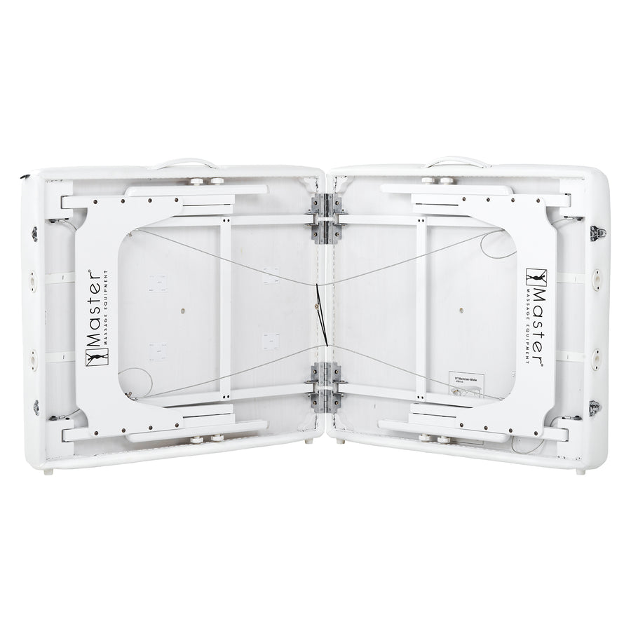 The Master Massage Montclair Pro LX is a sleek, foldable, white portable massage table.