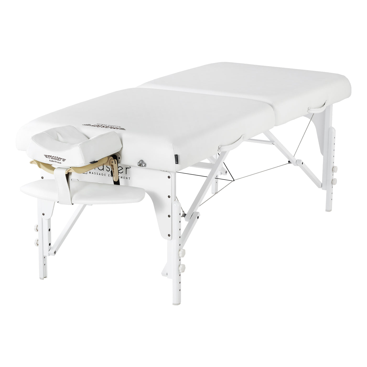 Master Massage Montclair Pro LX ergonomic table with headrest and metal legs on white background.