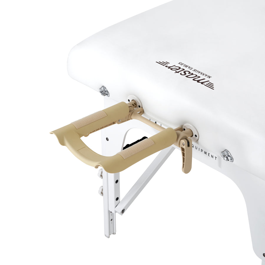 Close-up of a beige armrest on the Master Massage Montclair Pro LX Package Massage Table.