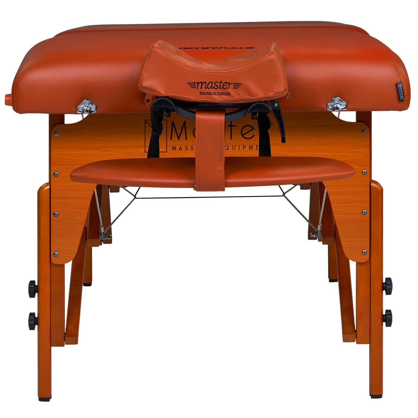 Master Massage SANTANA orange portable massage table with headrest and wooden legs, foot end view.
