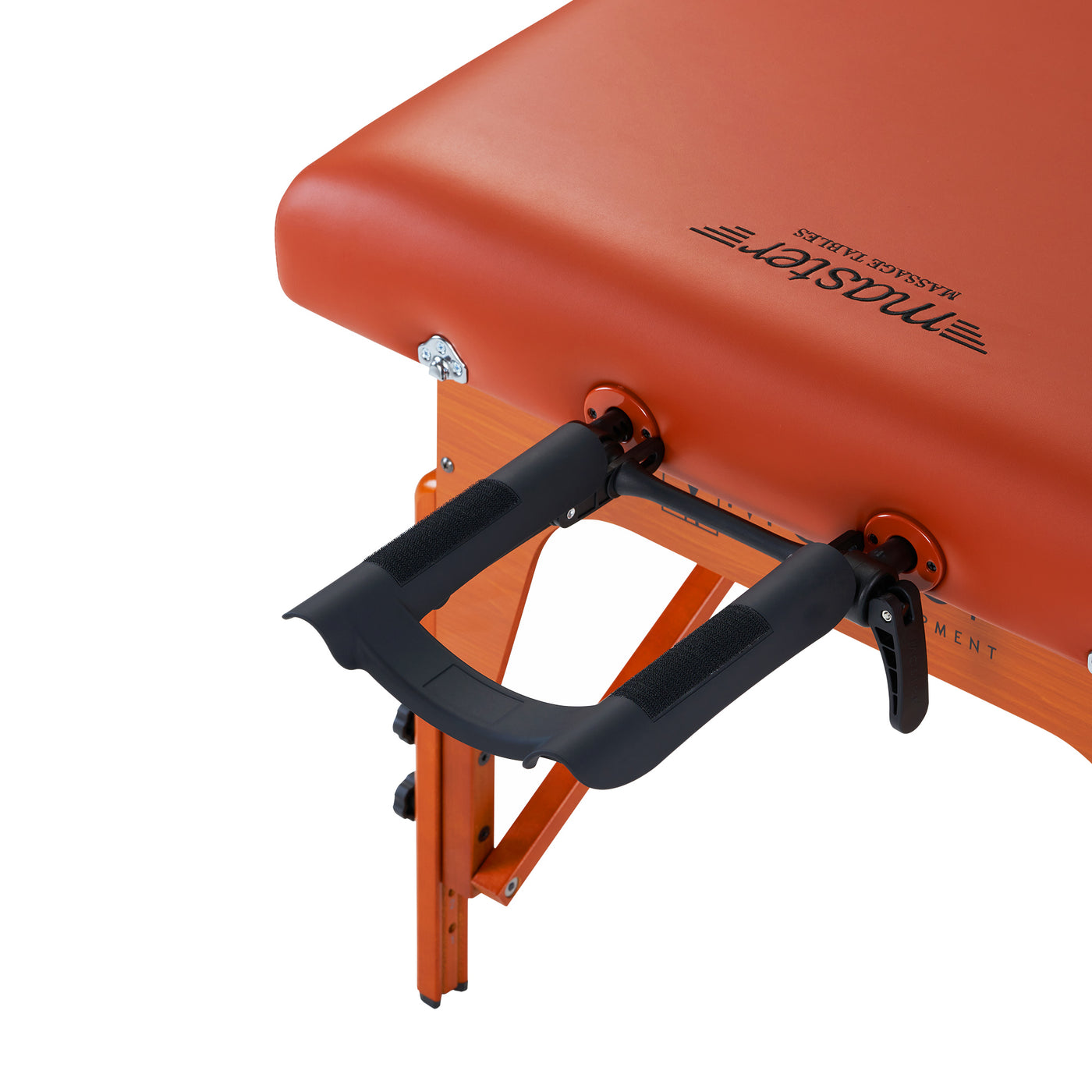 Close-up of Master Massage SANTANA portable massage table with black armrest attachment.