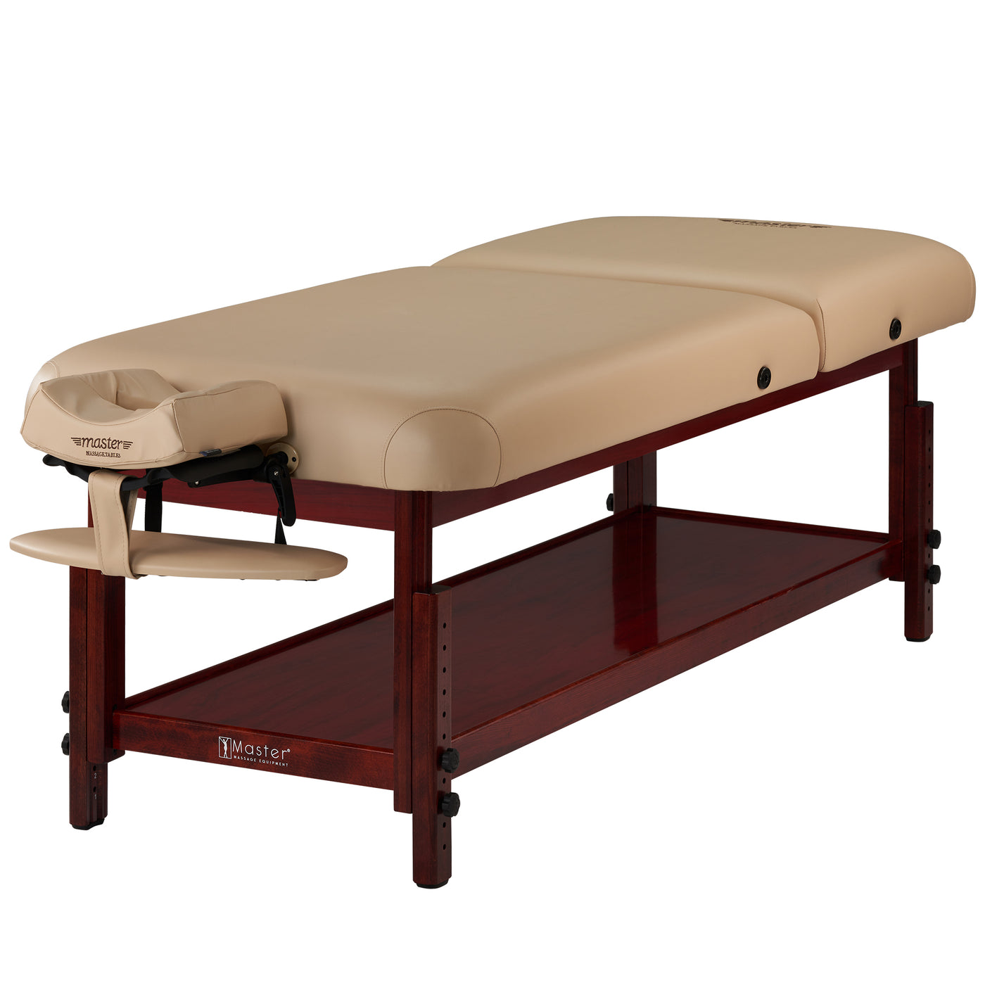 Master Massage SPAMASTER table: beige memory foam, wood frame, lower storage shelf.