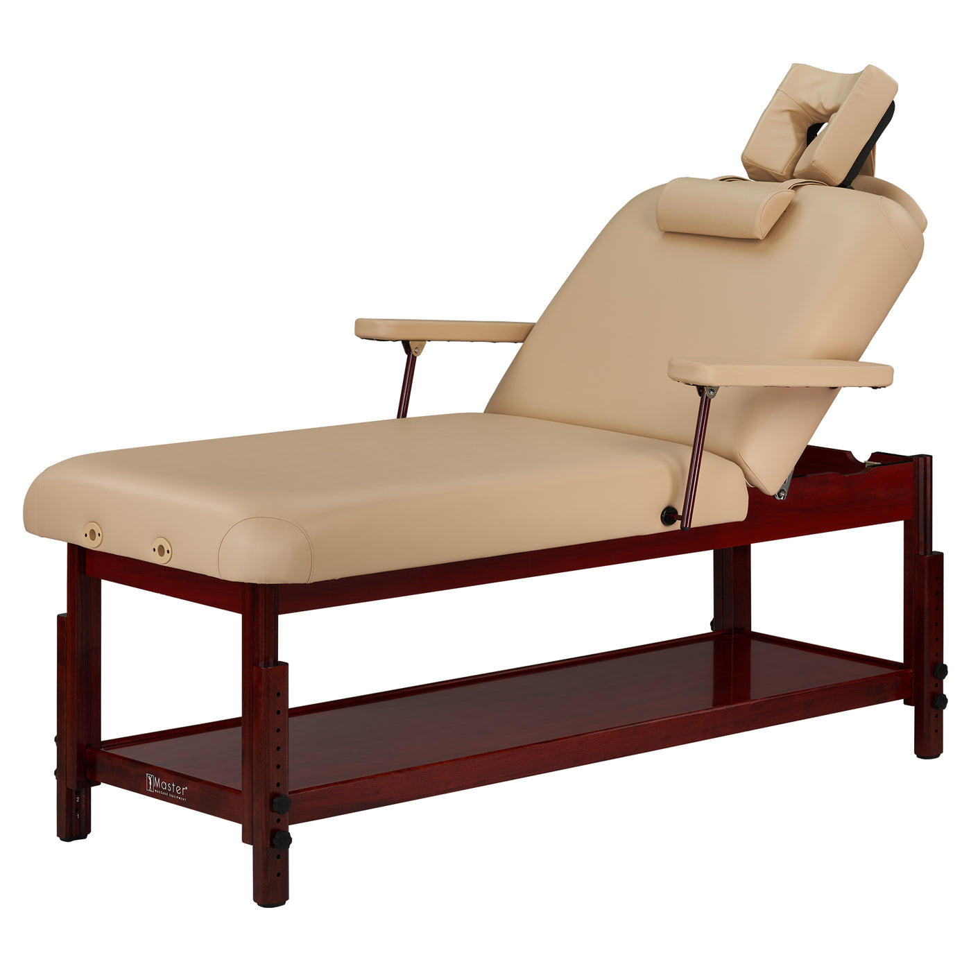 Master Massage SPAMASTER beige table with armrests, memory foam, wood base, and lower shelf.