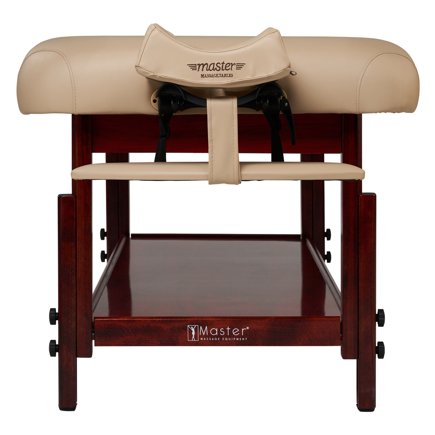 Master Massage SPAMASTER stationary table with face cradle, wooden frame, front view.