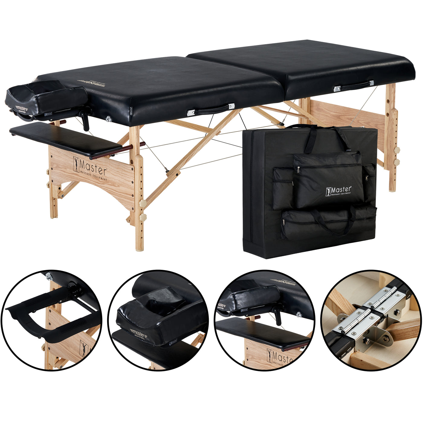 Master Massage HUSKY GIBRALTAR portable table with memory foam, wood legs, headrest, and case.