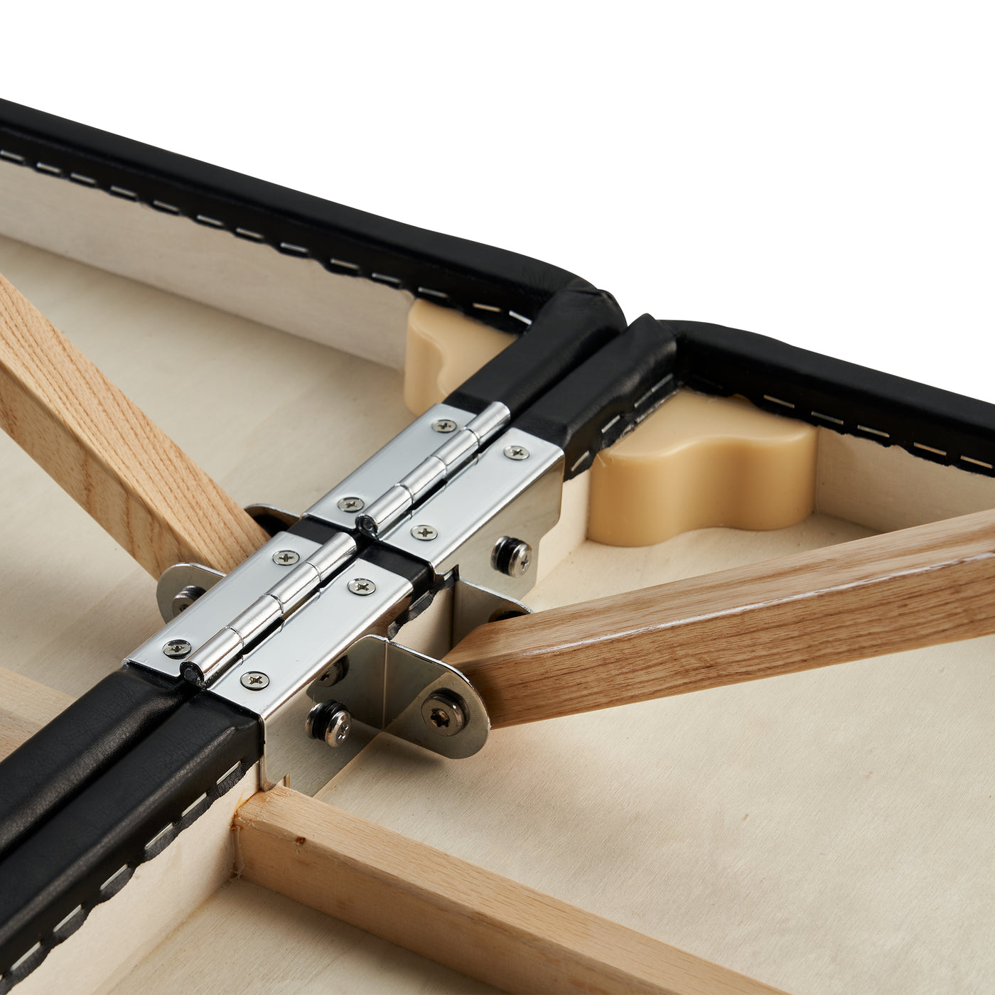 Close-up of heavy-duty hinge on Master Massage HUSKY GIBRALTAR Portable Massage Table.