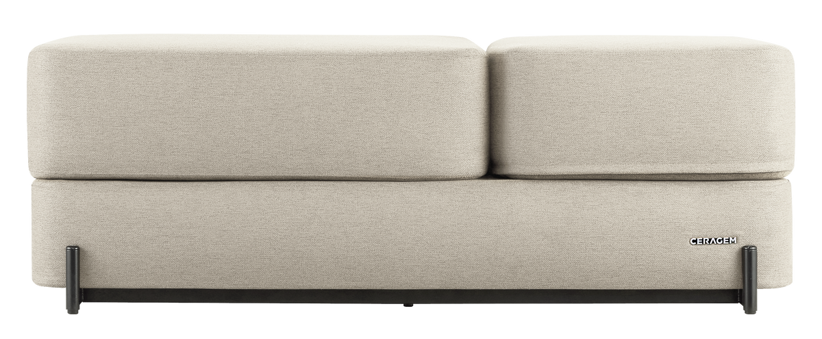 Beige Ceragem S4 Massage Lounger with a black metal frame on a white background