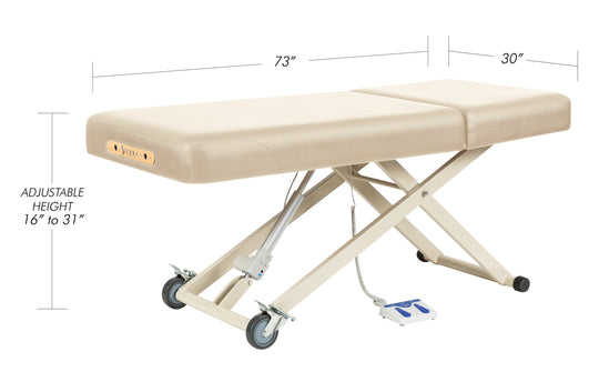 Beige massage table with adjustable height and dimensions on a white background