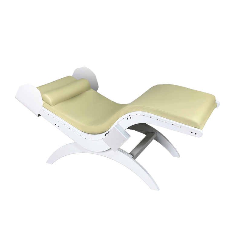 TouchAmerica S-Lounge with Sound Journey RX: curved, adjustable lounger in beige and white.