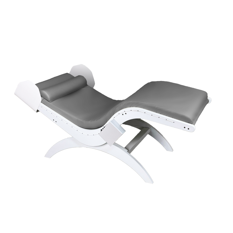 TouchAmerica S-Lounge with Sound Journey RX: modern adjustable table, gray cushion, white frame.