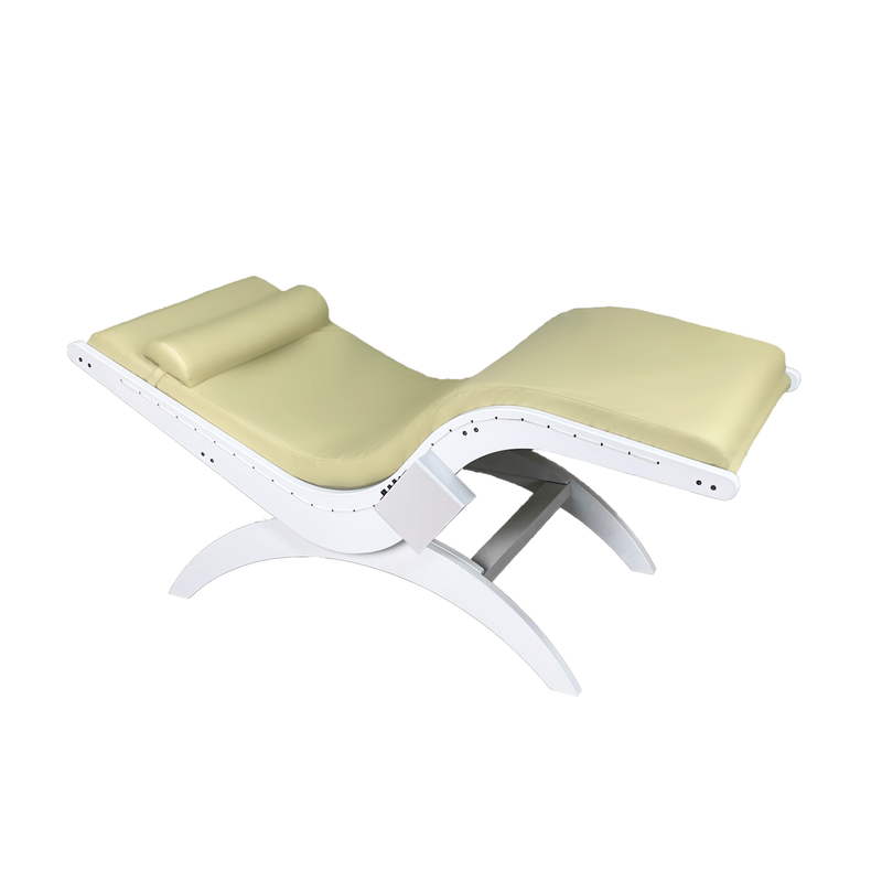 TouchAmerica S-Lounge with Sound Journey RX: beige cushioned lounge, curved white frame, headrest.