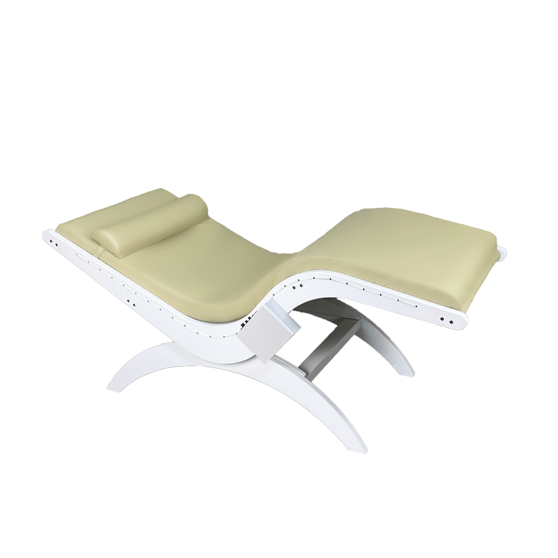 TouchAmerica S-Lounge with Sound Journey RX: beige zero-gravity table, curved white frame, headrest.