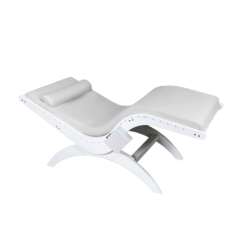 TouchAmerica S-Lounge with Sound Journey RX: white ergonomic lounger with headrest, curved design.