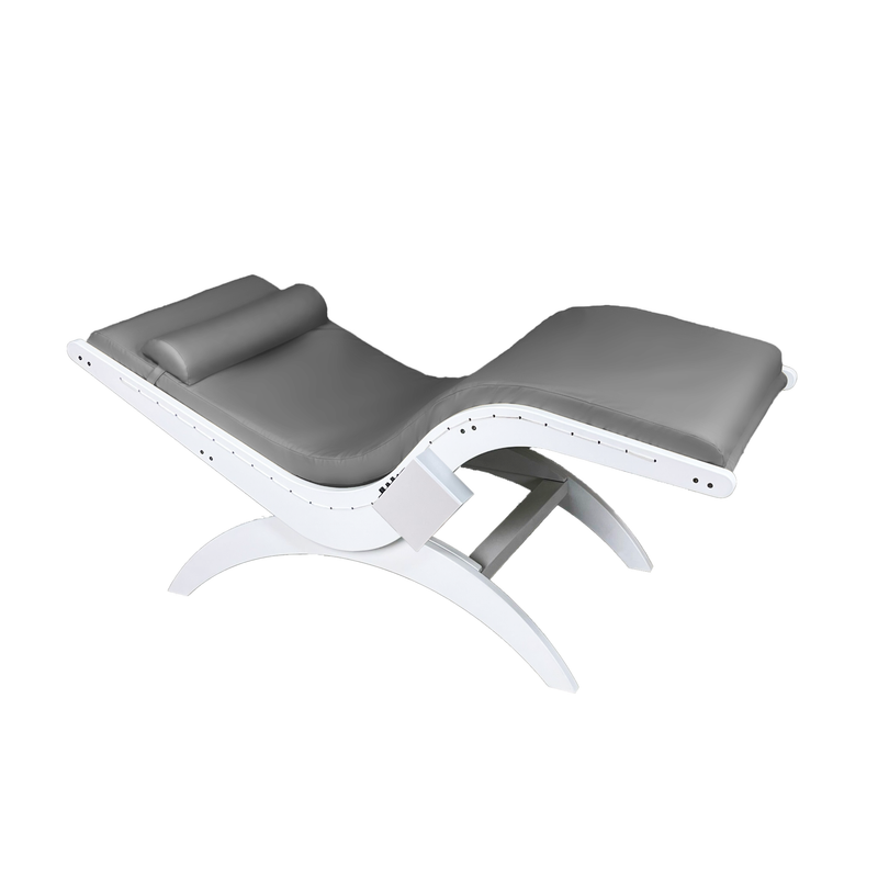TouchAmerica Touch America S-Lounge with Sound Journey RX, gray/white curved massage table with headrest.