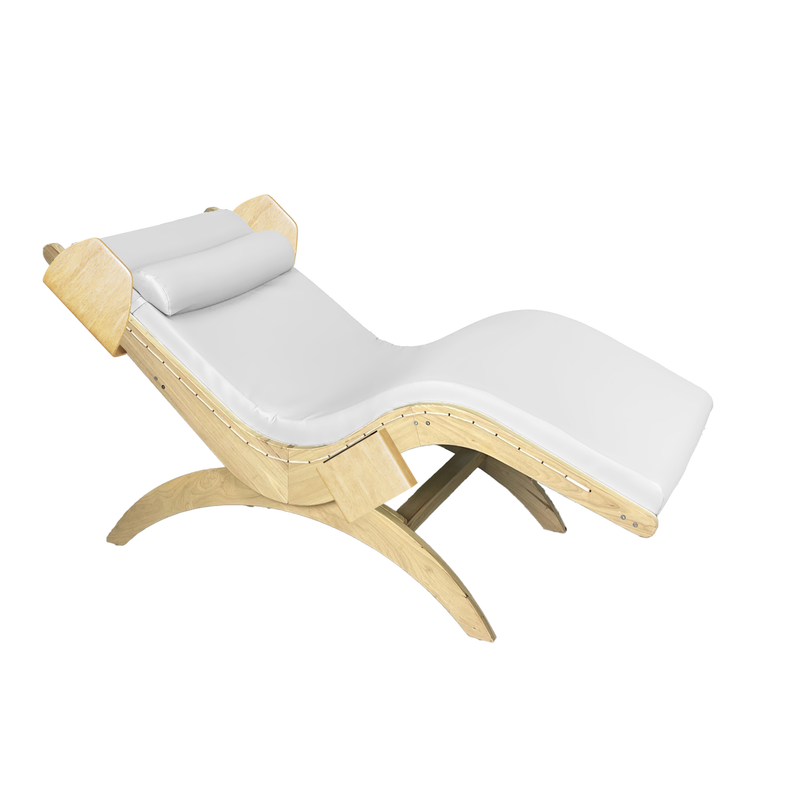 TouchAmerica S-Lounge with Sound Journey RX: modern wooden chaise with white cushioned seat.