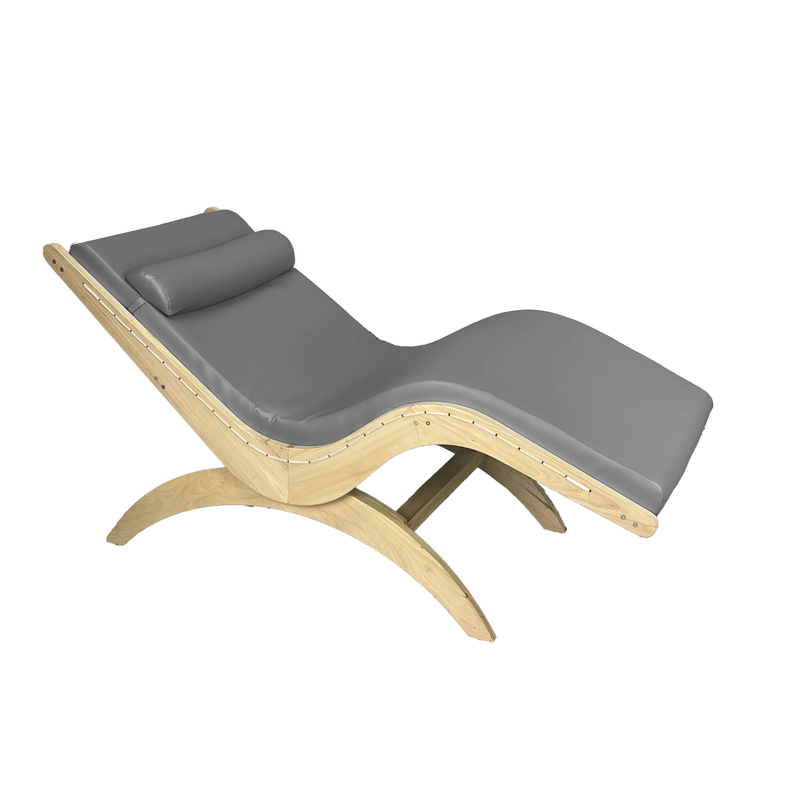 TouchAmerica S-Lounge with Sound Journey RX: modern wood lounger, gray cushion, headrest pillow.