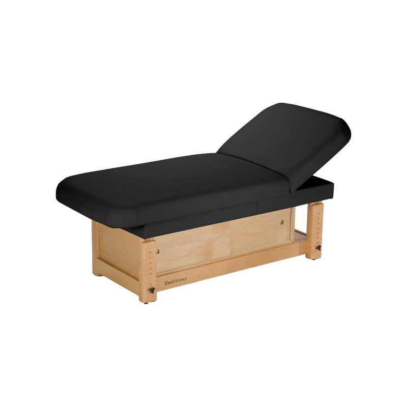 TouchAmerica STATIONARY FACE & BODY Table: black, cushioned, maple base, adjustable backrest.
