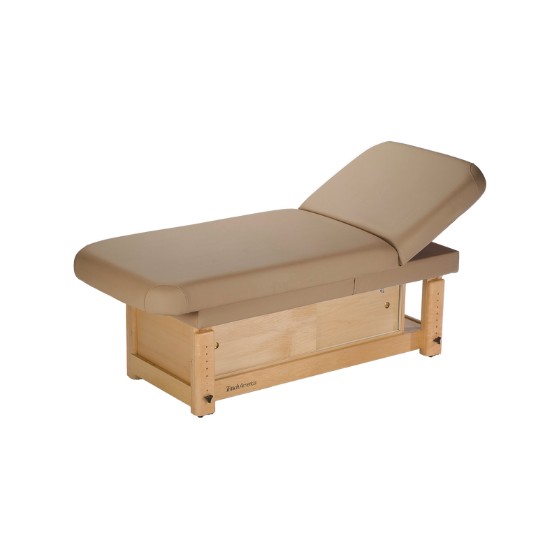 TouchAmerica STATIONARY FACE & BODY Treatment Table, beige wood base, ideal for spa treatments.