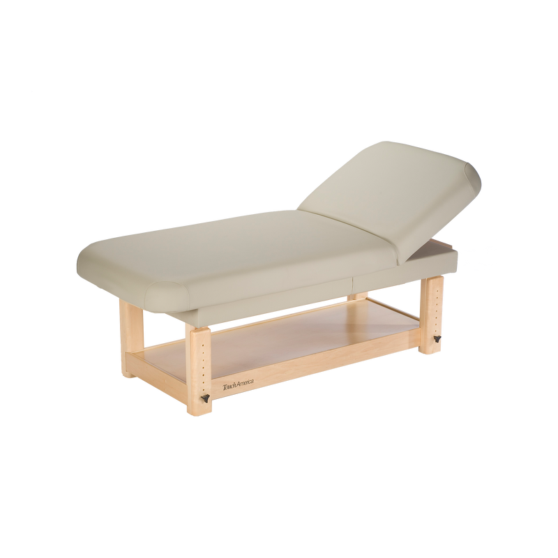 TouchAmerica STATIONARY FACE & BODY Treatment Table with cushioned top and solid maple base.