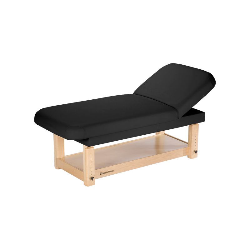 TouchAmerica Stationary Face & Body Table: black cushion, wood frame, adjustable backrest.