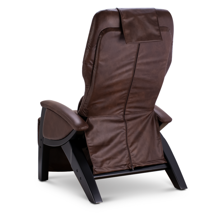 Svago ZGR Zero Gravity Recliner in brown vegan leather with black wood legs, rear view.