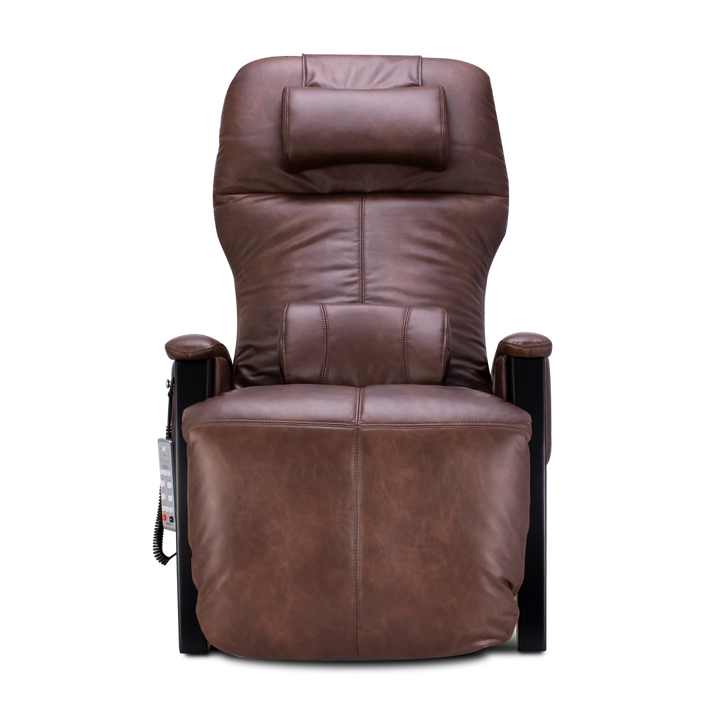 Svago ZGR Zero Gravity Recliner in brown vegan leather, shown from the front with remote.