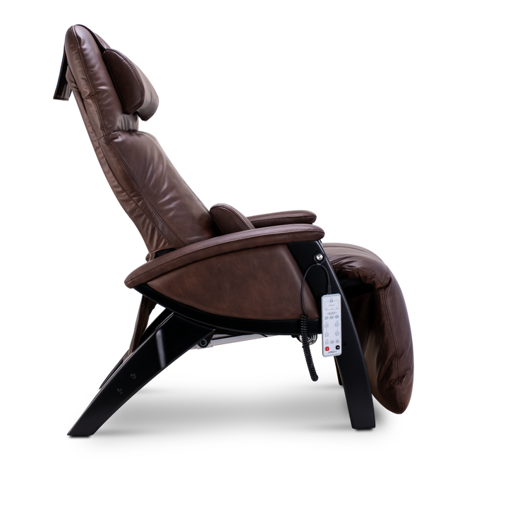 Svago ZGR Zero Gravity Recliner in brown with vibration massage and remote, side view.