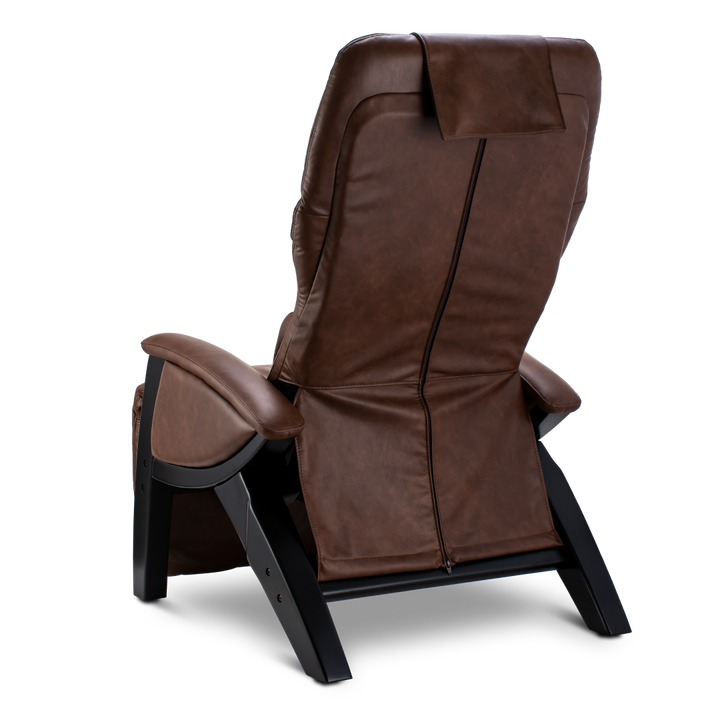 Svago ZGR Zero Gravity Recliner in brown vegan hyde with wood legs, rear view on white.