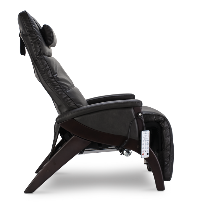Svago Newton Zero Gravity Recliner by Svago, side view with remote against plain background.